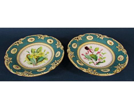A Victorian dessert service comprising 8 plates and two shallow comports,  with individual hand painted floral spray panels w