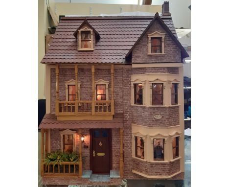 'The Grand House'- a 3 storey period style dolls house with red brick effect front dated 1871, front veranda, bay windows and