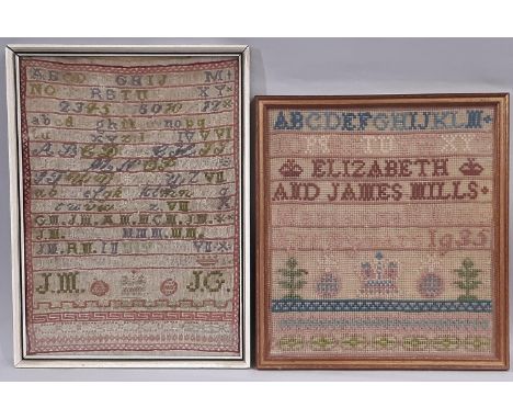 Two Needlepoint Tapestry Samplers by Marianne H. Mills, aged 9 years, 1935; and Jane Mills, 1880, largest approx. 28 x 38 cm 