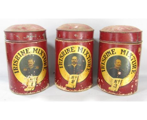 Three Irisrine Mixture canisters, mixes number 1 , 2 and 3, stoneware with a painted finish each with a different portrait, a