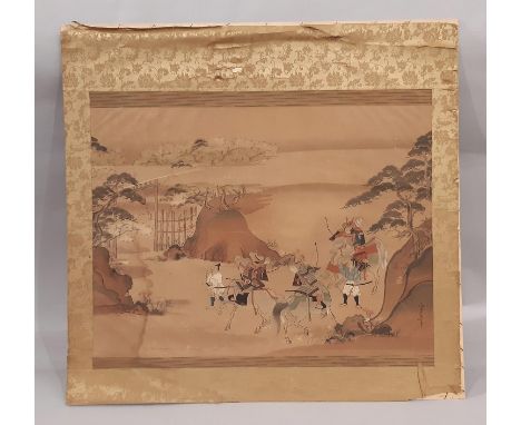 Japanese Woodblock Print of Samurai on Horseback (c.19th Century), 43 x 58.5 cm, paper with board backing and silk border 