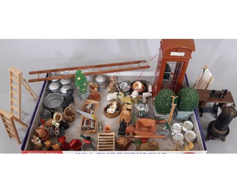 A collection of dolls house furnishings related to outdoor/ gardening/ handyman/ pets/ scullery etc including dogs, cats, a w