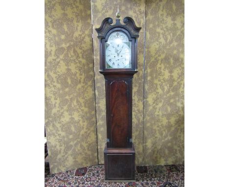 Early 19th century mahogany Scottish longcase clock, the trunk with reeded and canted corners, the hood with swan necked pedi