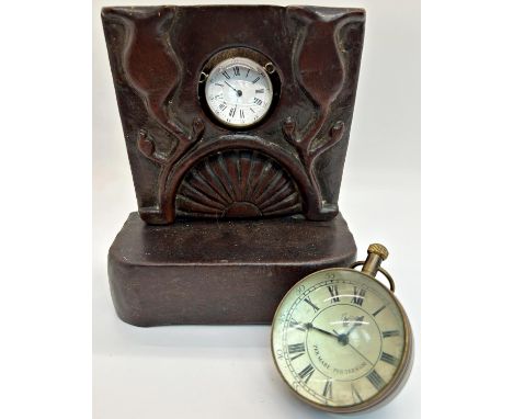 A Victorian globular cased watch with monogrammed back and enamelled dial, together with a carved hardwood night watch stand 