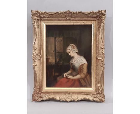 Portrait of a Woman Sitting in a Dark Room (Dutch School, 19th Century) - oil on board, unsigned, 19 x 14 cm, in moulded gilt