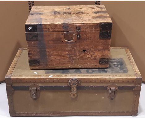 A vintage fibre and steel re-enforced cabin trunk with stitched leather handles together with a further vintage pine chest wi