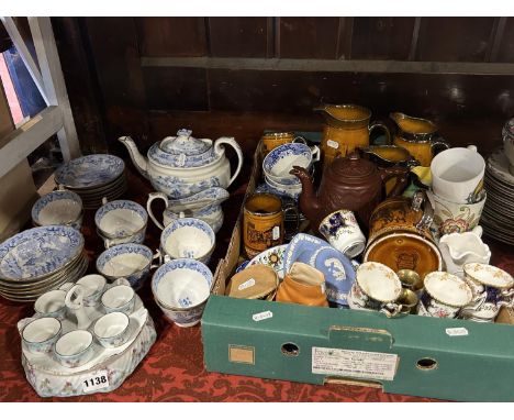 A collection of 19th century blue and white transfer ware tea ware with chinoiserie detail, further collection of Ridgeways g