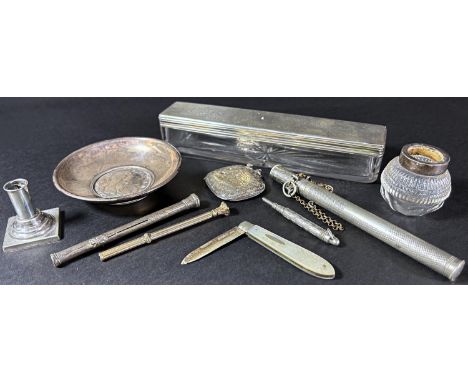 A mixed selection of silver and silver plated items including a silver covered glass box, a vesta case, a small candlestick, 