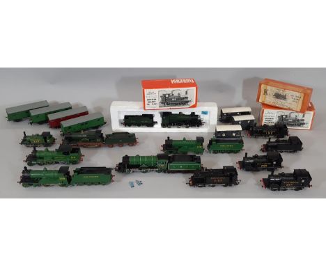 A mixed collection of unboxed locomotives and vans including Hornby 4-4-0 'The Berkeley' LNER locomotive and tender in green,