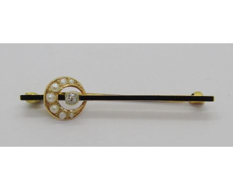 Antique 15ct brooch with graduated seed pearl crescent, a single old cut diamond and black enamel strip, 2.5g 