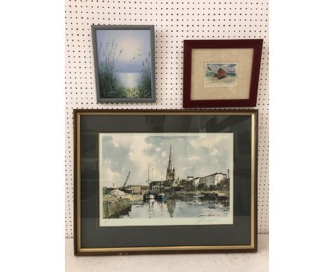 Three Works to Include: Edward Wesson (1910-1983) Bristol Harbour Scene with Boats and Church Beyond, signed print, blindstam