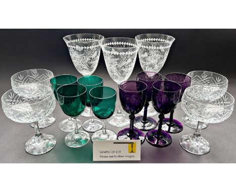 A selection of good quality drinking glasses including sets of heavy cut tumblers, cordial glasses, a selection of wines, pla