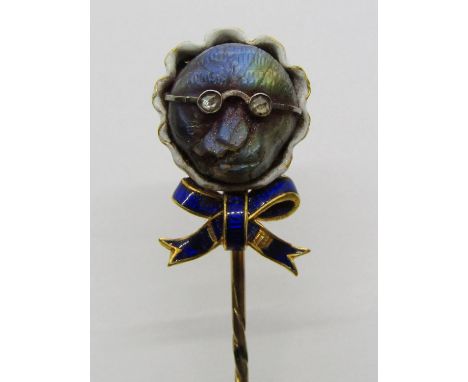 Novelty Victorian carved labradorite stick pin in the form of a grandmother monkey, with rose cut diamond spectacles and enam