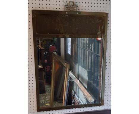 A Chinese brass framed wall mirror, the upper panel with engraved script, bird and bough detail, 60 cm x 45 cm 