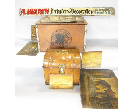 A Procter &amp; Gamble wooden crate with the 1930’s New Moon Trade Mark, a tin metal trunk in a wood grain painted finish, a 