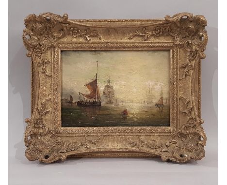18th Century School, possibly Dutch - Ships at the Harbour, oil on panel, unsigned, 15 x 21 cm, in ornate moulded frame 