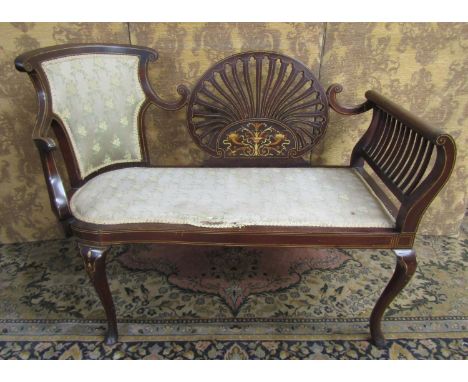 An Edwardian mahogany parlour room sofa, with shaped outline, marquetry and string inlaid detail, upholstered seat and back p