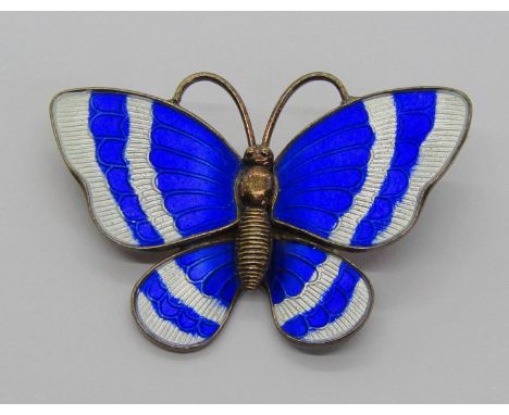 Scandinavian silver enamel butterfly brooch by Volmer Bahner in blue and white colourway, stamped 'VB STERLING DENMARK' to re