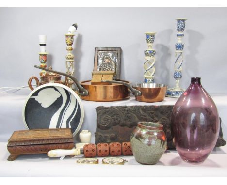 A mixed collection of items including a wooden Damask wallpaper printers block, a rubber rolling pin with geometric pattern p