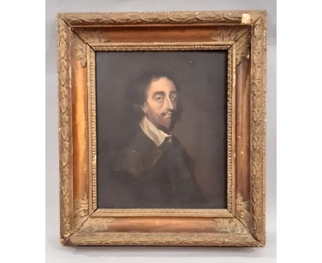 Quarter portrait of 17th Century Gentleman, Framed print with craquelure finish on board, 24.5 x 28.5 cm, in moulded frame wi