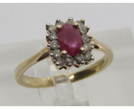 9ct ruby and diamond cluster ring, size M/N, 2.4g 