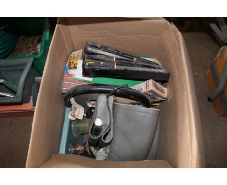 A box of sundry items to include tools, Wellington boot, glassware etc.