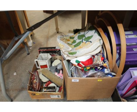 Two boxes containing various sewing items, a Johnny Walker Old Scotch Whisky jug, etc.