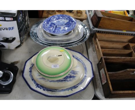 A Copeland and Spode blue and white bowl, three blue and white meat dishes, a Royal Doulton 'Norfolk' blue and white serving 