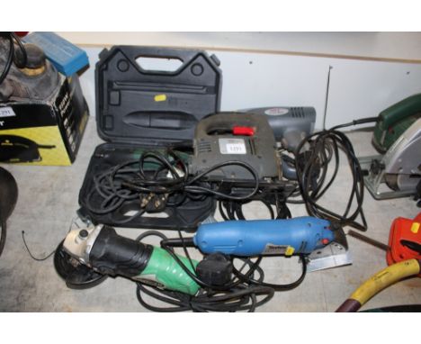 A Performance jig saw; a Parkside Dremel; an angle grinder and heat gun etc.