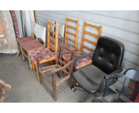 Three pine ladder back chairs; a swivel office chair and four oak dining chairs