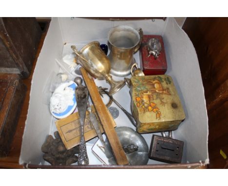 A box containing silver plated tankard; a silver handled button hook; advertising tins; pewter dish; trophies; key rings etc.