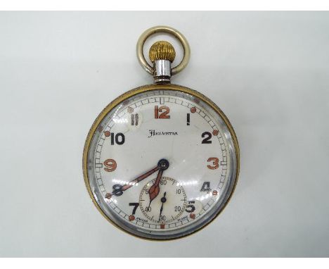A gentleman’s military issue pocket watch by Helvetia, brass case with plating, unusual red and black numerals, subsidiary se