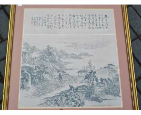 Chinese School - An early 20th century framed landscape with calligraphy, bearing a seal 'Peng', depicting a scholar in a pav