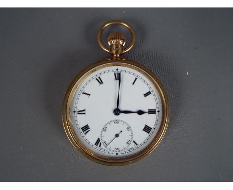 A gentleman's 9ct gold cased pocketwatch, Roman numerals to the white enamel dial, subsidiary seconds dial, Swiss 15 jewel mo
