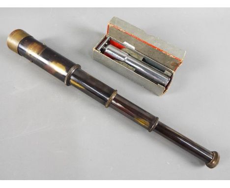A three draw telescope bearing plaque marked 'Ottway &amp; Co, Ealing London 1915', approximately 38.5 cm extended, and a vin