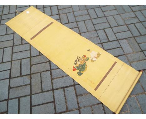 A large, Chinese late 19th century paper scroll depicting three scholars, signed with seal mark and signed verso.