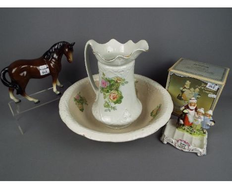 A boxed Yardley English Lavender soapdish, a ceramic model of a horse and a wash jug and bowl. [4]