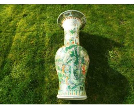 A large Chinese famille verte floor vase with everted rim, decorated with boys playing and courtly scenes, Kangxi six charact