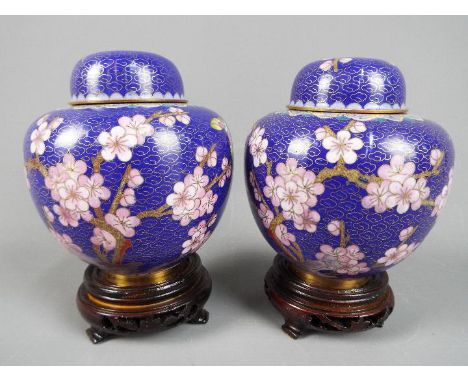 A pair of Chinese cloisonné covered ginger jars decorated with blossom and insects on a blue ground, ruyi head band to the ri