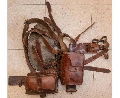 A composite set of 1914 pattern leather  "Kitchener" equipment comprising: 2 ammunition pouches, waistbelt, cross straps, bay