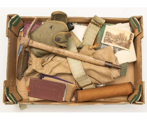 A WWII entrenching tool with bayonet fitting (rusty); a 2 draw "Ranger 55 Enbeeco" telescope with canvas case; a 1940 dated A