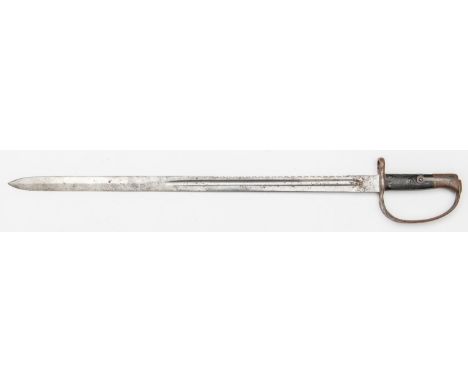 A P1879 sword bayonet for the Martini Henry Artillery carbine, saw back blade 25¾" with crown over "VR" (faint), broad arrow 
