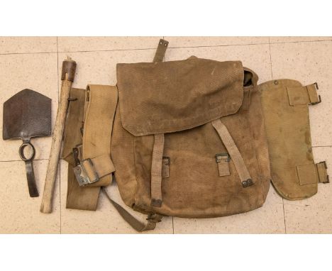 1908 patt equipment, 2 waist belts, large pack, E.T. blade bag dated 1916, entrenching tool and handle. GC £120-140 