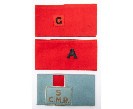 3 WWI military armbands, red felt with applied A, red felt with G patch, light blue with 5 CMR. (3) £50-80 