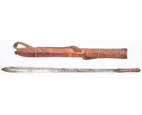 A Masai sword, seme, blade 23½", with plain rawhide covered hilt, in its rawhide covered scabbard with ribbed rawhide strap. 