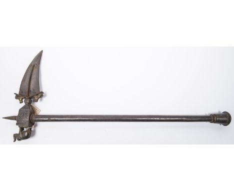 An Indian 19th century fighting axe "Zaghnal", 24" overall, beak shaped steel head 5½" with reinforced point and raised centr