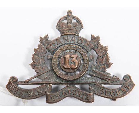 WWI Canadian CEF 13th Brigade Ammunition Column Overseas Field Artillery cap badge, with two replacement lugs. GC £100-150 