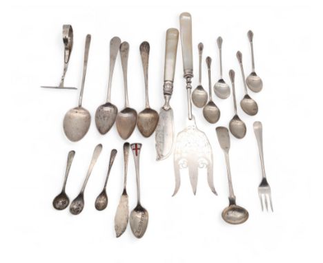 A collection of silver flatware including three Georgian silver teapoons, maker's mark IS, possibly John Sinclair, a set of s