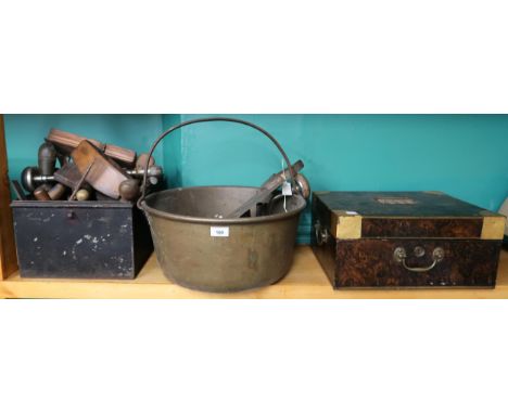 A lot comprising a metallic lock box painted as burr walnut, brass jelly pan and an assortment of tools to include wood plane