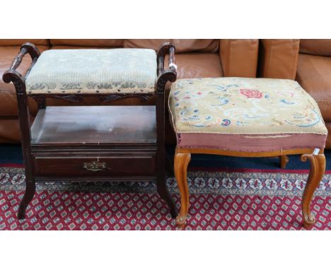 A lot comprising a 19th century tapestry upholstered footstool on serpentine supports and an early 20th century Damask uphols